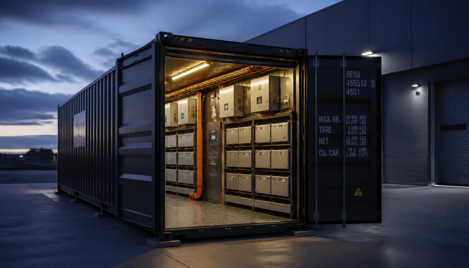 Shipping-container commercial battery energy storage unit beside a warehouse