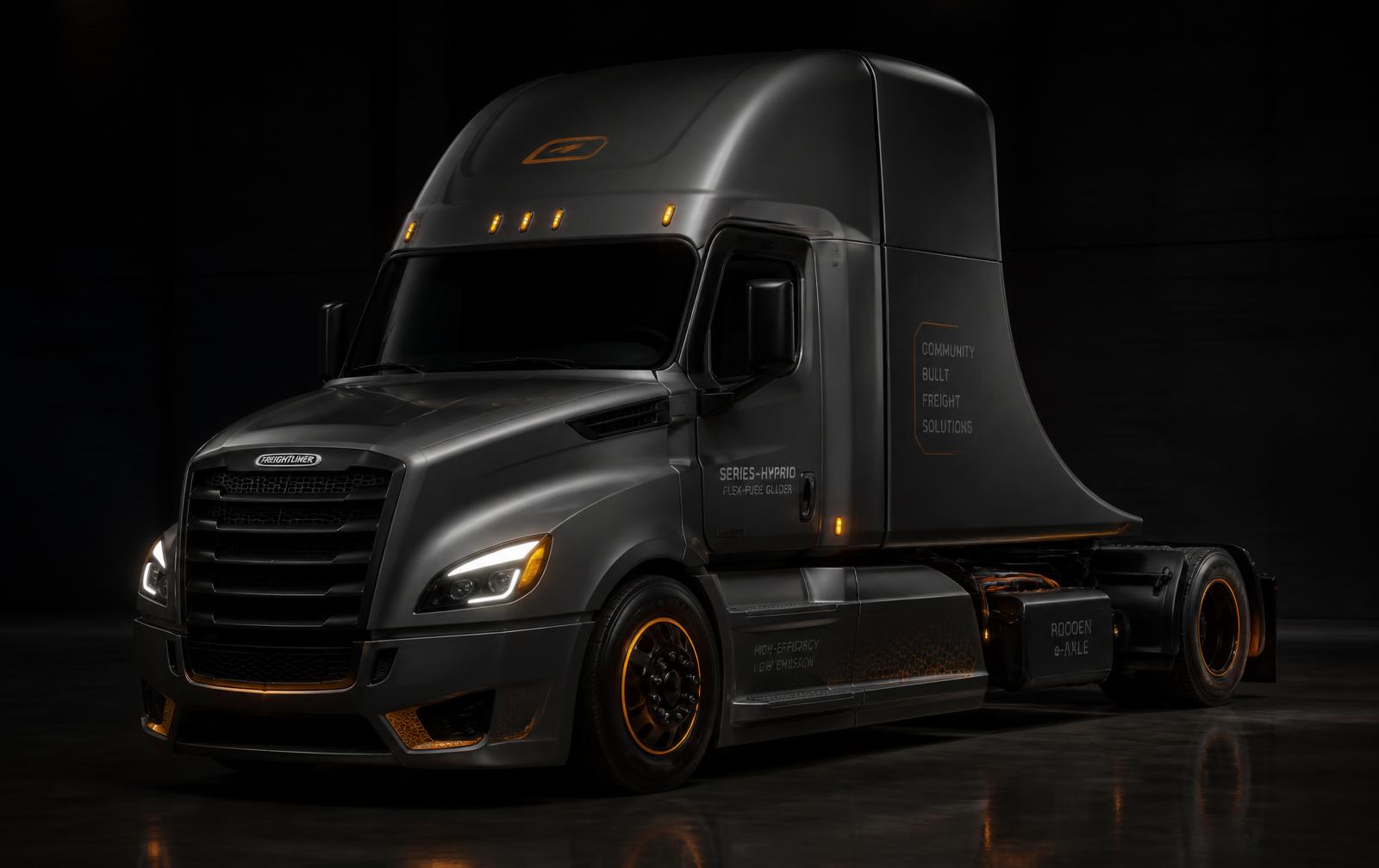 Community-built Freightliner series-hybrid flex-fuel glider truck in a dark studio