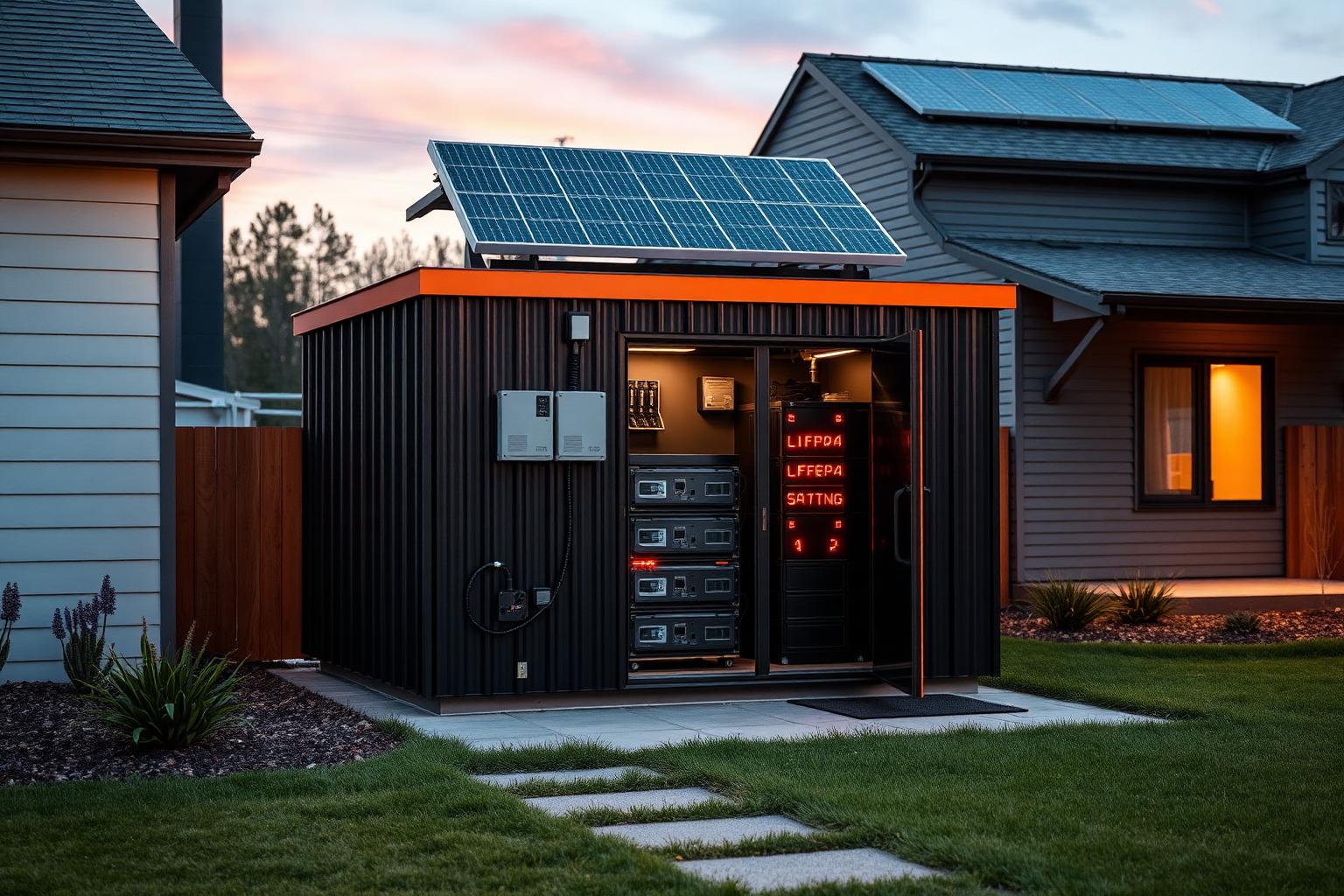 Detached backyard home energy pod with battery vault, inverters and rooftop solar