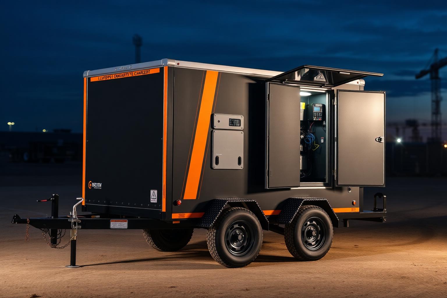 Towable enclosed power trailer with LiFePO4 battery rack, inverter and charger